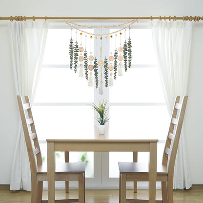 Artificial Hanging Eucalyptus Wall Decor Fake Plant Greenery Stems on 29" Sunflower Bead Garland Sage Green Boho Rustic Farmhouse Wall Art for Bathroom Bedroom Living Room