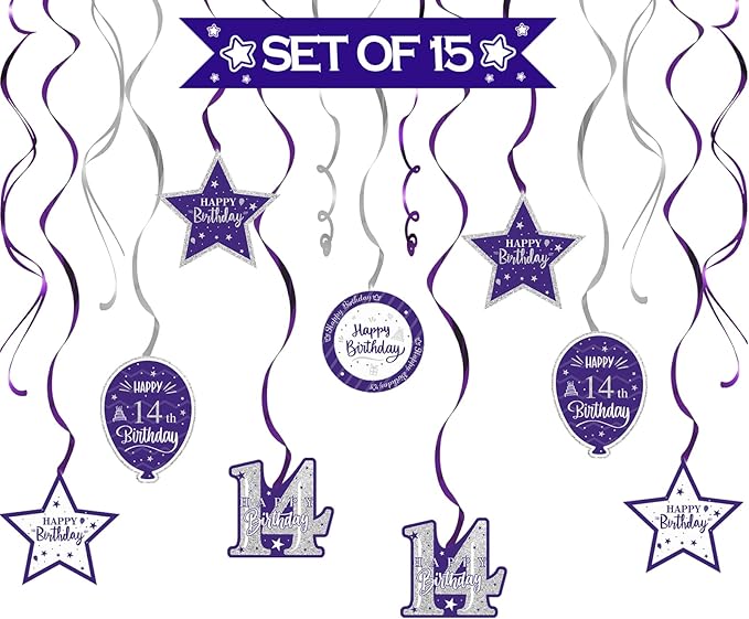 Happy 14th Birthday Purple & Silver Glitter Swirls Streamers Party Decorations - 15 Pcs 14th Birthday Hanging Swirls Streamers Kit,Cheers to Fourteen Years Old Bday Party Sign.