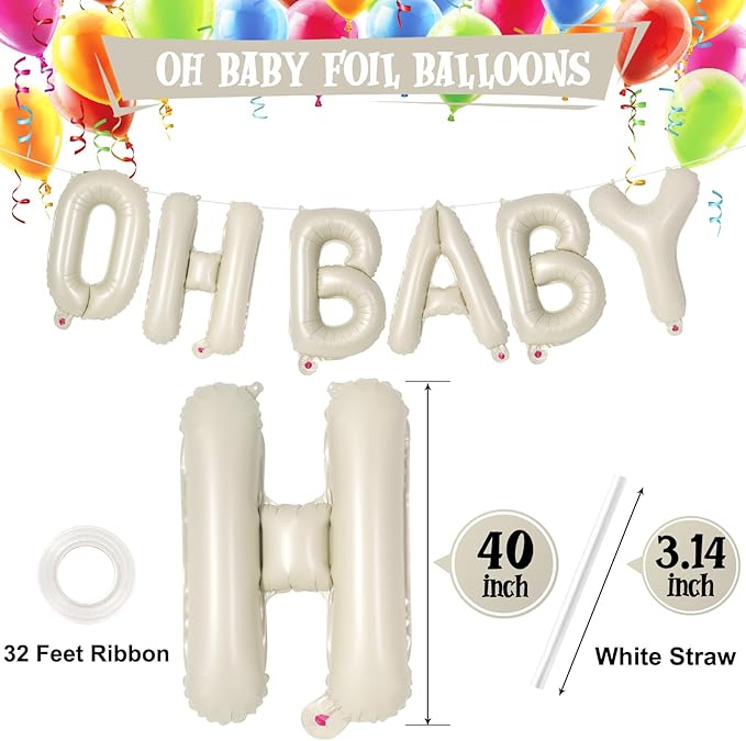 40 Inch OH Baby Balloons Letters, Cream OH BABY Backdrop, Babies Sign for Gender Reveal Decorations
