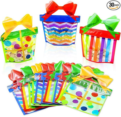 W WINTMING 30Pcs Resealable Gift Bags with Handle Plastic Party Favor Bag Cellophane Zip Lock Treat Bag Rainbow Standing Goodie Bags Holiday Birthday
