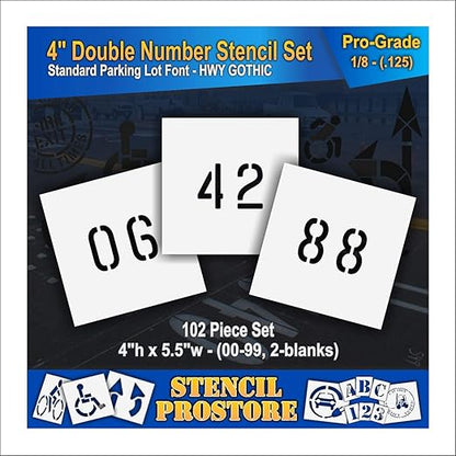 Pavement, Curb, and WheelStop Stencils - 4 inch Double Number Stencil Set - (00-99) - (102 Piece) - 4" x 5.5" x 1/8" (128 mil) - Pro-Grade