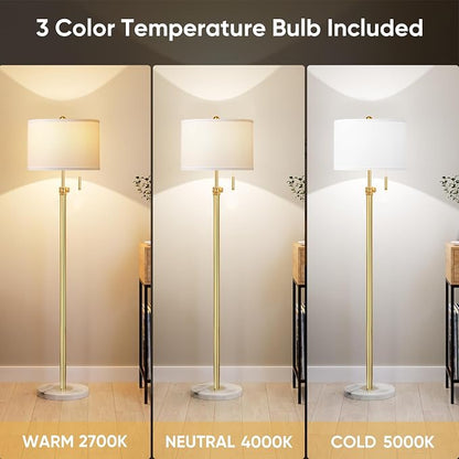 PARTPHONER Floor Lamp for Living Room, 66'' Adjustable Height Standing Lamp with Marble Base, 3-Color Tall Lamps with Pull Chain, Suitable for Bedroom, Reading, Office (Bulb Included, White Shade)