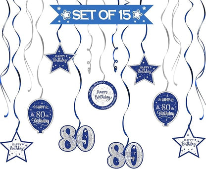 Happy 80th Birthday Blue & Silver Glitter Swirls Streamers Party Decorations - 15 Pcs 80th Birthday Hanging Swirls Streamers Kit,Cheers to Eighty Years Old Bday Party Sign.