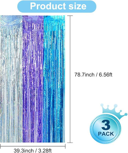 BEISHIDA 3 Pack Streamers Fringe Foil Curtain Backdrop Curtain, Tinsel Curtain Wall Door Party Streamers for Birthday Party Decoration-Silver Blue Purple (3.28 ft x 6.56 ft)