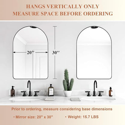ANDY STAR Arched Mirror, 20 x 30 Inch Black Bathroom Mirror in Stainless Steel Metal Frame, Arch Top Rounded Corner 1 Inch Deep Set Design Wall Mount Hangs Vertical