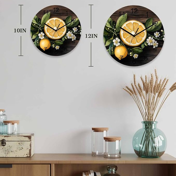 Lemon Flowers Wall Clock Battery Operated Non-Ticking 12" Round Wood Clocks, Vintage Style Kitchen Wall Clock for School Bathroom Living Room Home Office Wall Decor
