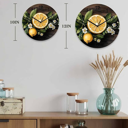 Lemon Flowers Wall Clock Battery Operated Non-Ticking 12" Round Wood Clocks, Vintage Style Kitchen Wall Clock for School Bathroom Living Room Home Office Wall Decor