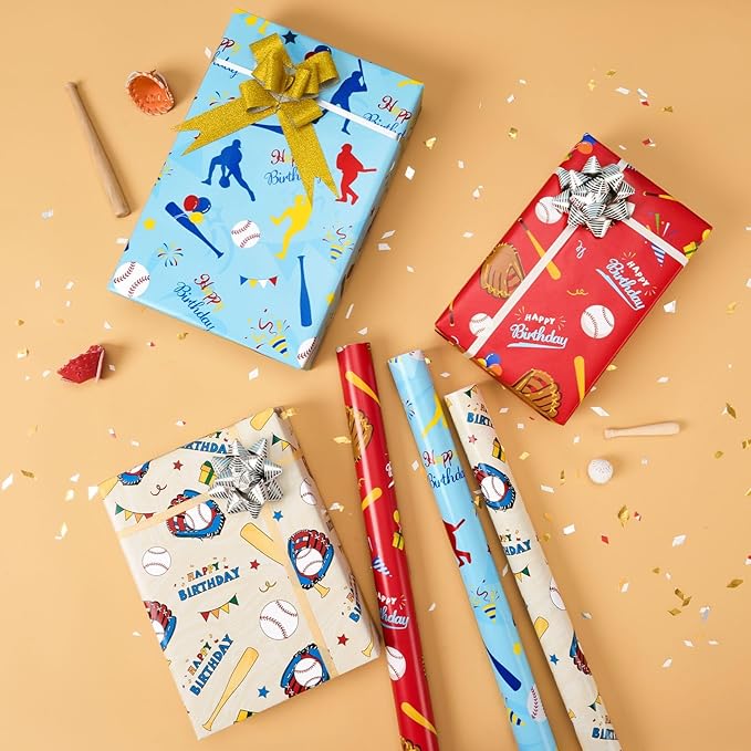 WERNNSAI Baseball Gift Wrapping Paper - 3 Rolls 17 in x 10 ft Boy Birthday Wrapping Paper Sports Wrapping Paper Roll for Kids Birthday Milky Blue Red Gift Wrapping Papers with Cut Lines