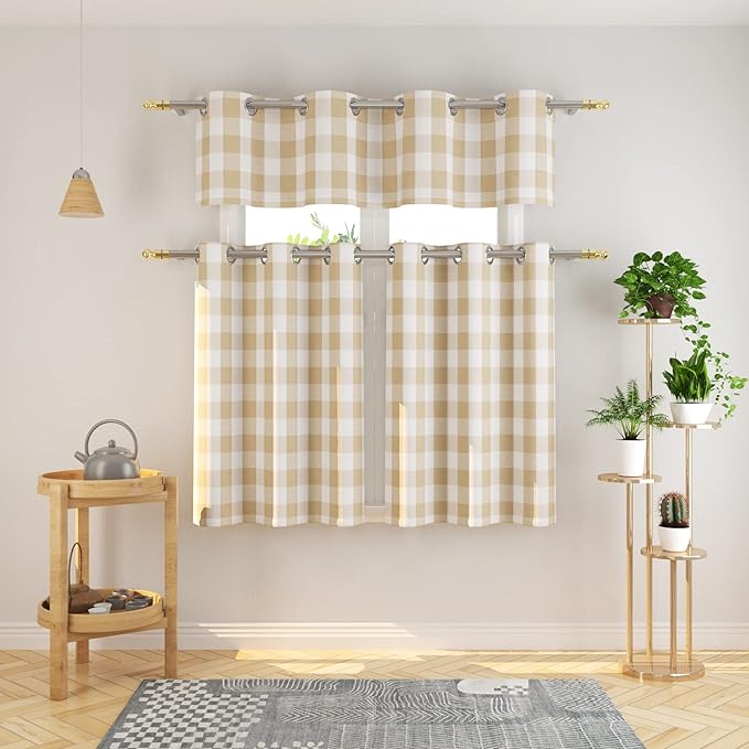 3 Pc Cotton Classic Country Farmhouse Kitchen Window Curtain Grommet Top -Beige & White Buffalo Check Tier & Valance Set, 54" x 18" / 32" x 24"