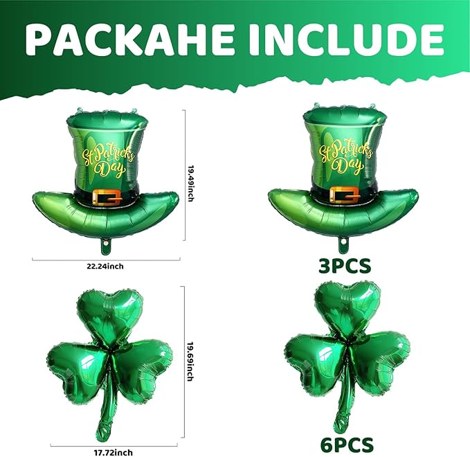 St. Patrick's Day Balloons Set, 9PCS Lucky Shamrock Green Hat Mylar Foil Balloons for St Patrick's Day Birthday Baby Shower Wedding Irish Themed Party Decoration Supplies