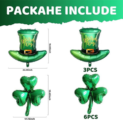 St. Patrick's Day Balloons Set, 9PCS Lucky Shamrock Green Hat Mylar Foil Balloons for St Patrick's Day Birthday Baby Shower Wedding Irish Themed Party Decoration Supplies