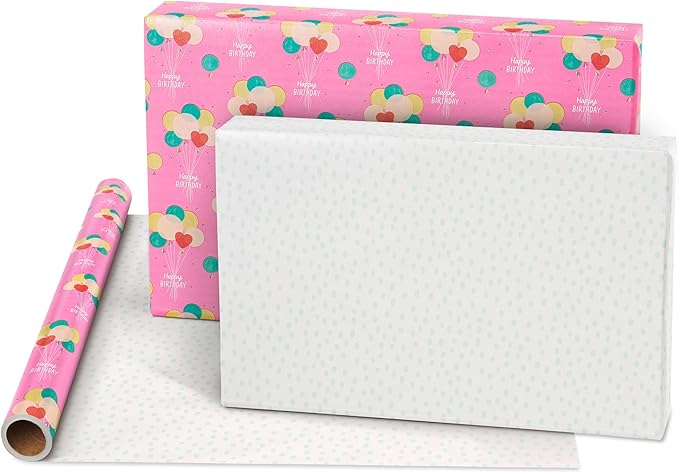 American Greetings 160 sq. ft. Reversible Wrapping Paper Bundle for Birthdays and All Occasions, Floral and Happy Birthday Text (4 Rolls, 30 in. x 16 ft.)
