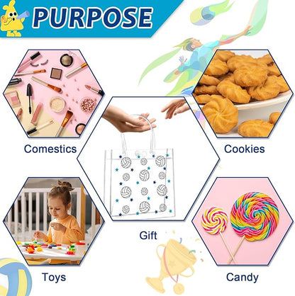 24Pcs Volleyball Clear PVC Gift Bags with Handles Bulk 8 x 8 x 3In Sport Theme Goodie Treat Candy Bags Volleyball Team Present Wrap Tote Bag for Boys Birthday Party Favor Baby Shower Decors Supplies