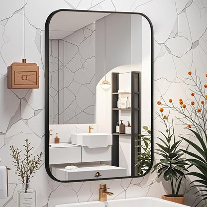 Matte Black Mirror, 24"x36" Rectangle Bathroom Mirror, Metal Frame Rectangle Corner Vanity Mirror, Wall Mounted Mirror for Modern, Living Room, Bedroom, Horizontal Or Vertical