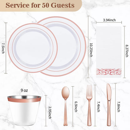 BESTVIP 350PCS Rose Gold Disposable Dinnerware Set for 50 Guests, Plastic Plates for Party, Wedding, Christmas, Halloween, Include: 100 Plastic Plates, 50 Silver Silverware, 50 Cups, 50 Napkins