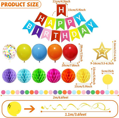 ZERODECO Birthday Decorations, Easy to Assemble Colorful Happy Birthday Banner with Honeycomb Ball, Balloon, Hanging Swirl Streamer, Garland, Happy Birthday Party Decorations for Women Girls Kids