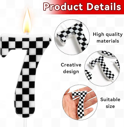 Racing Car Themed Birthday Candles, Number 7 Checkered Candles, Black & White Checkered Cake Decoration, Car Cake Topper for Party Decoration Theme Party Supplies