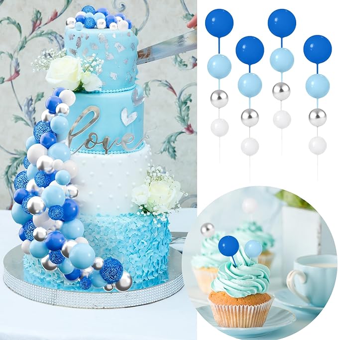 60Pcs Glitter Cake Balls Decorations Foam Cake Topper Balls Mini Balloon Cupcake Toppers for Cake Decorating Birthday Baby Shower Party (Glitter Blue Series)