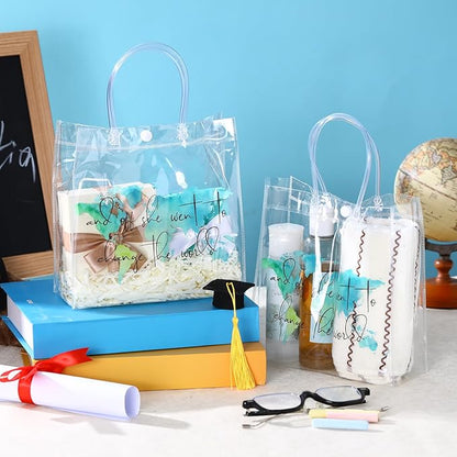 Teenyyou 24 Pcs World Map Favor Bags with Handle Graduation Travel Clear PVC Goodie Gift Bags Grad Birthday Congratulations Party Supplies