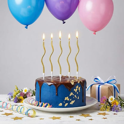 12-Count Spiral Birthday Candles, Long Twisty Gold Party Candles with Candle Holders, Long Burning for Weddings, Birthdays, Party Decorations, Cupcakes, Anniversary and Meetups (Gold)