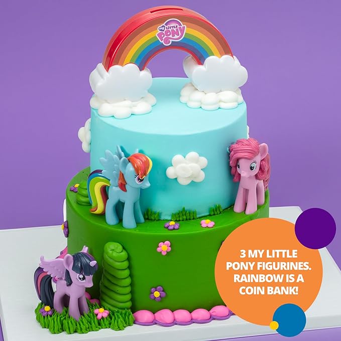 DecoSet® My Little Pony™ Over The Rainbow Signature Cake Topper, 4 Piece Decoration, Dash, Pinkie Pie, and Twilight Sparkle, Coin Bank, Collectable Figurines For Birthday