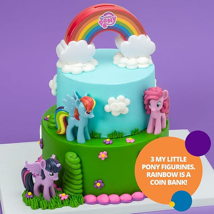DecoSet® My Little Pony™ Over The Rainbow Signature Cake Topper, 4 Piece Decoration, Dash, Pinkie Pie, and Twilight Sparkle, Coin Bank, Collectable Figurines For Birthday