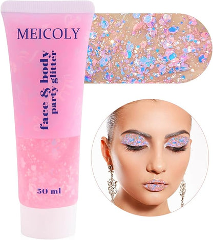 MEICOLY Chameleon Baby Pink Body Glitter,Pink Turn to Purple Face Glitter Paint,Holographic Color Changing Mermaid Face Glitter Gel for Hair,Self-Adhesive Chunky Glitter for Halloween Festival Party