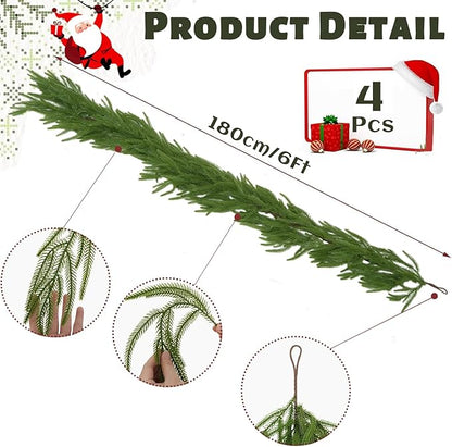 4 Pcs 6FT Christmas Garland, Christmas Decorations, Artificial Norfolk Pine Garland, Faux Greenery Garland for Mantle Fireplace Table Door Wall Upstairs Indoor Outdoor Holiday Xmas Decor