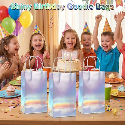 Abeillo 48 Pcs Reusable Paper Gift Bags with Handle, Iridescent Gift Bag Glossy Holographic Goodie Bag Gifts Handbag Bulk for Baby Shower Christmas Birthday Party Favor, 8.3 x 4.7 x 3.1 Inch