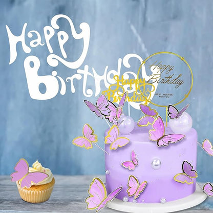 60Pcs Butterfly Cupcake Topper Purple Gold, Lively 3D Butterflies with 2Pcs Happy Birthday Topper for Cake Decor Birthday Anniversary Kids Wedding Girl Women Party Wall Food Decorations,Mixed Size