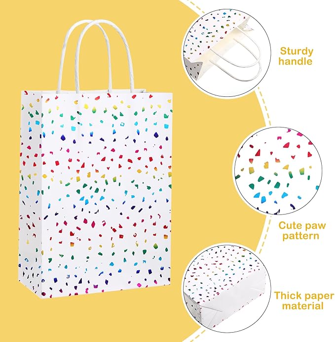 Pasimy 24 Pcs Rainbow Confetti Paper Gift Bags with Handles Rainbow Sparkle Kraft Paper Favor Bags Glitter Tissue Treat for Birthday Wedding Christmas Baby Shower Supplies