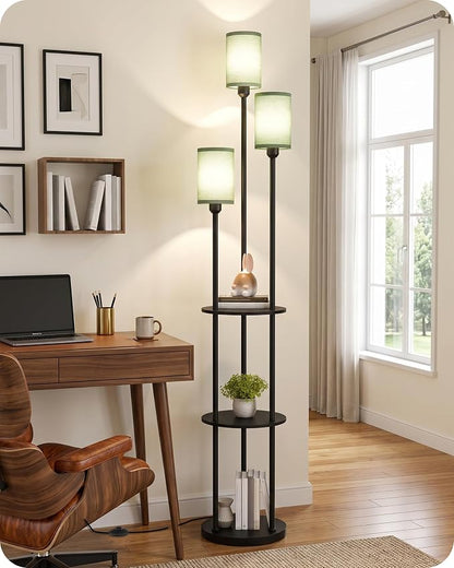 Floor Lamp with Shelves, Modern Floor Lamp with 3 Linen Shades and Foot Switch, 3-Light Standing Lamp, for Living Room, Bedroom, Study, Office, Black and Green J53LD05