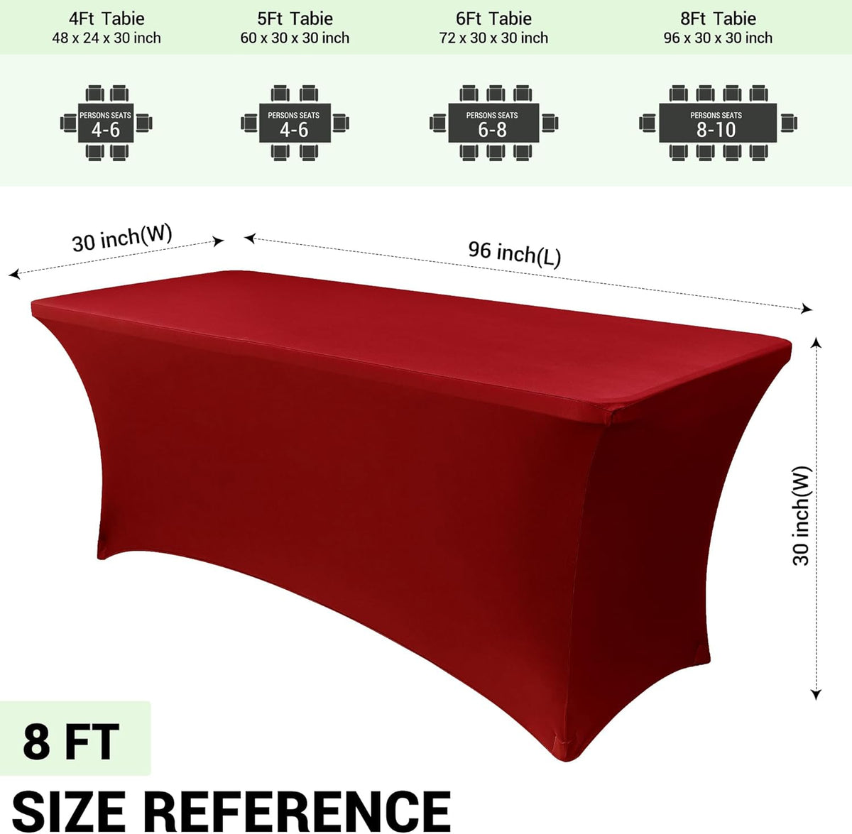 Obstal 8Ft Stretch Spandex Table Cover for Standard Folding Tables - 2 Pack Universal Rectangular Fitted Tablecloth for Party, Banquet, Events, Trade Show (Dark Red, 96L x 30W x 30H Inches)