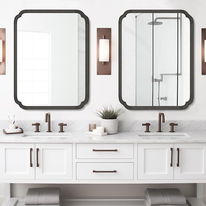 WallBeyond 30" x 40" Rounded Corner Arch Wall Mirror with Wood Frame for Entryway, Living Room or Bedroom Home Decor - Light Woodgrain [30 x 40 inches, Black]