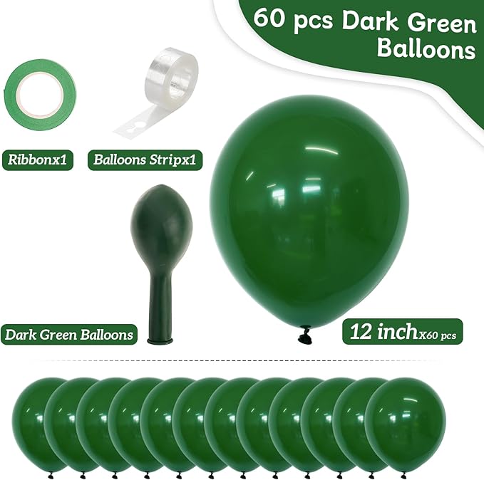 Green Balloons 60 PCS 12 Inch Dark Green Balloons Emerald Hunter Forest Green Balloon Kit for Birthday Baby Shower Christmas Graduation Dinosaur Jungle Theme Party Decorations