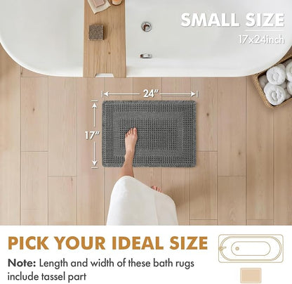 MIULEE Set of 2 Waffle Bathroom Rugs, Boho Bath Rug Super Absorbent, Non Slip Washable Ultra Soft Rubber Backed Shower Bath Mats for Floor, Tub, Shower, Looped Design, Dark Grey, 17x24 Inch