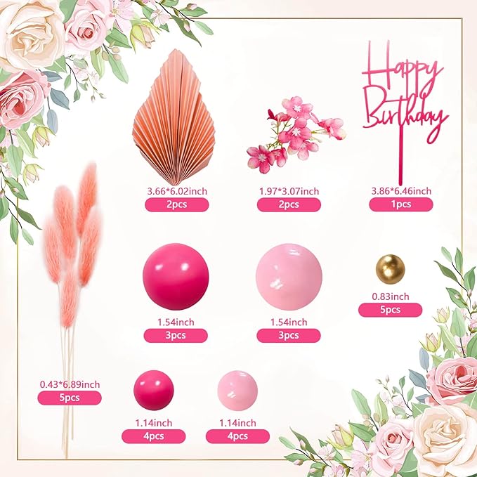 MEMOVAN Hot Pink Gold Balls Cake Toppers Flower Boho Cake Topper Balls Birthday Cake Decorations with Palm Leaves for Girl Bohemian Hot Pink Princess Theme Wedding Baby Shower Birthday Party-29PCS