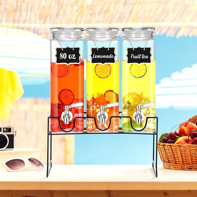 3 Pack 80 oz Tall Glass Drink Dispenser with Stand, Lid, Label and Stainless Steel Leakproof Spigot Beverage Water Dispenser Clear Mason Jar for Party Fridge(Square)