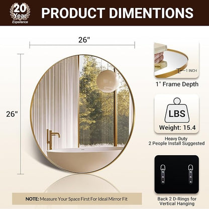 ANDY STAR 26 Inch Round Mirror, Brass Bathroom Mirror, Gold Circle Mirror with Stainless Steel Frame for Bathroom, Vanity, Living Room, Entryway