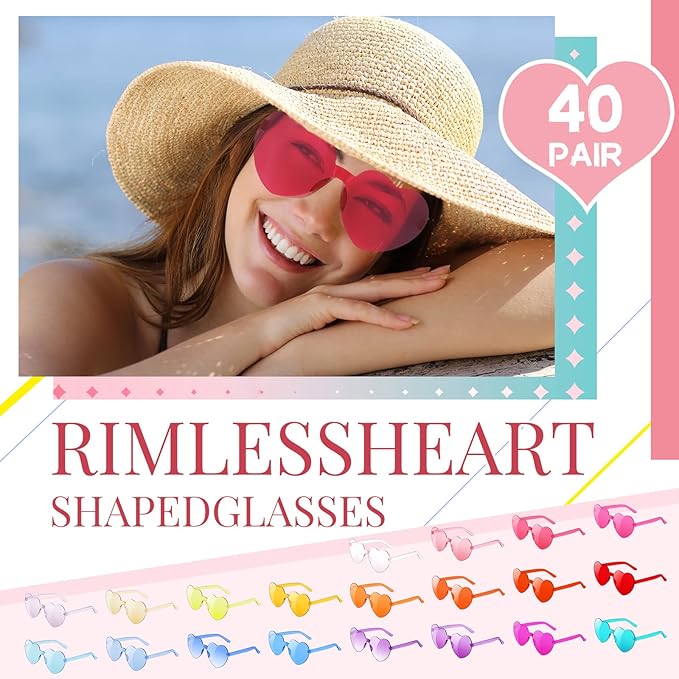 40 Pairs Heart Sunglasses Rimless Transparent Heart Shaped Glasses Candy Color Party Favor for Women Men Decoration