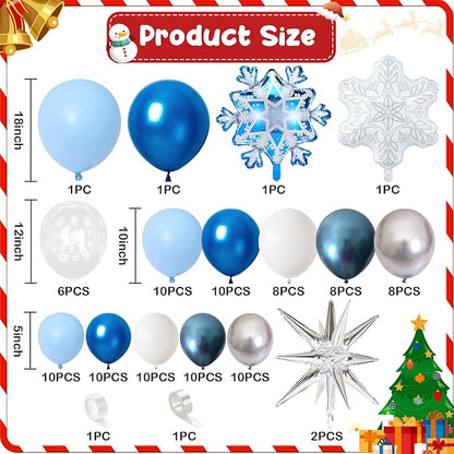 Winter Wonderland Snowflake Balloon Garland Arch Kit, 108PCS Blue and White Silver Christmas Balloons with Snowflake Foil Balloons for Snow Princess Holiday Xmas New Year Birthday Party Decorations