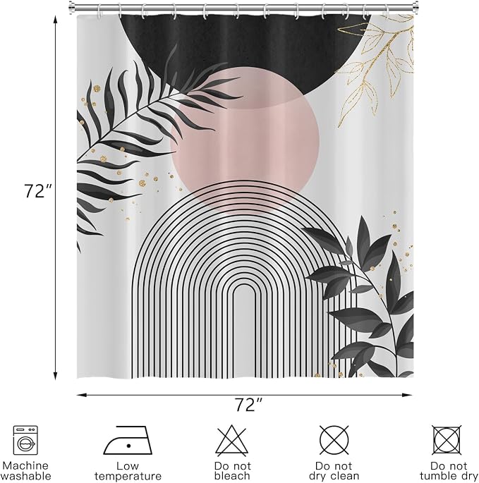 Boho Mid Century Shower Curtain, Black Pink Modern Minimalist Abstract Geometric Gold Plant Leaves Sun Arch Bathroom Curtains Waterproof Fabric Buthtub Curtain Set with Hooks 72" Wx72 L