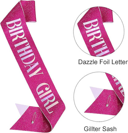 Birthday Sash for Girl, Dazzle Foil Letter Glitter Hot Pink Birthday Sash for Women Girl Kids Teenager Bday Gifts Party Favors Photo Prop