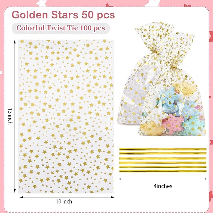 50 Pcs Clear Cellophane Treat Bags,10'' x 13'' Clear Plastic Gift Bags with Twist Ties for Cookies, Candy, Bakery, Birthday, Wedding, Valentine's Day, Baby Shower & Holiday Party Favors