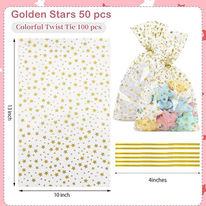 50 Pcs Clear Cellophane Treat Bags,10'' x 13'' Clear Plastic Gift Bags with Twist Ties for Cookies, Candy, Bakery, Birthday, Wedding, Valentine's Day, Baby Shower & Holiday Party Favors