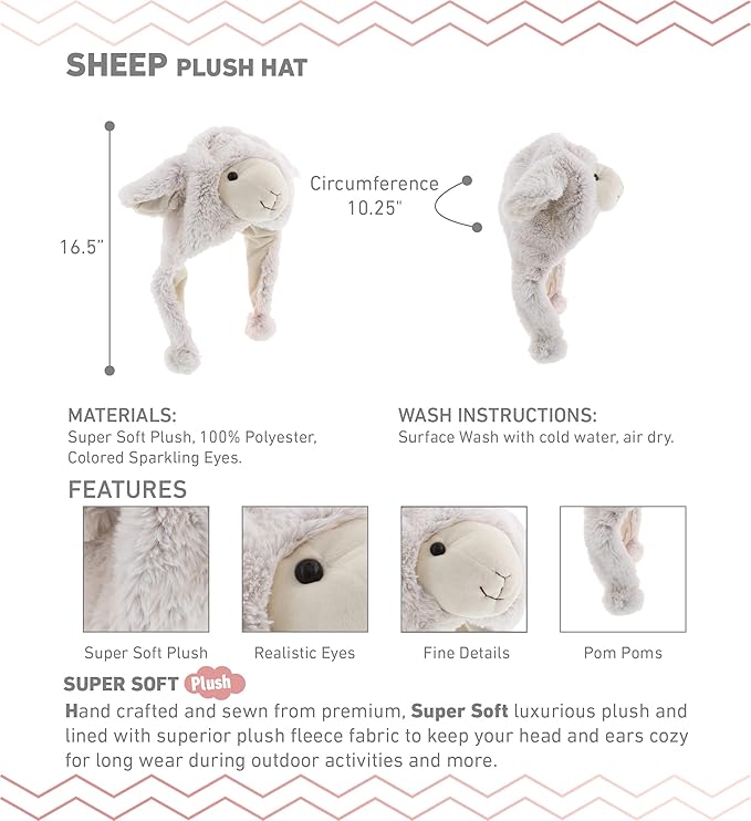 DolliBu Plush Hat – Super Soft Fleece Stuffed Animal Beanie with Ear Flaps, Cozy Warm Winter Hat for Kids – One Size