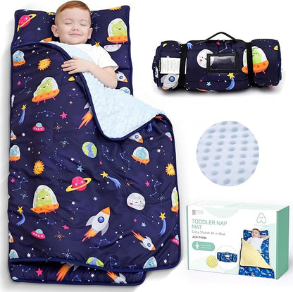 ACRABROS Toddler Nap Mat with Pillow and Blanket, Extra Large Rolled Napping Mats,Slumber Bags for Boys Girls,Kids Sleeping Bag for Daycare, Preschool Travel Camping,Space