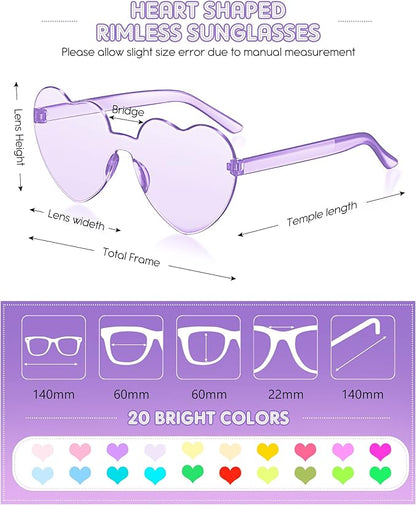 Frienda 20 Pairs Heart Shaped Sunglasses Rimless Candy Color Glasses for Women Men Party Favor