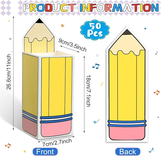 Harloon 50 Pcs Pencil Gift Boxes Teacher Thank You Gift in Bulk Graduation Pencil Popcorn Treat Boxes Back to School Candy Popcorn Holders for Classroom Office