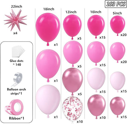 Pink Balloons Garland Arch Kit 163pcs with Star, Hot Pink Metallic Pink Shades of Pink Valentine's Day Balloons for Birthday Wedding Princess Theme Engagements Baby Shower Party Decorations